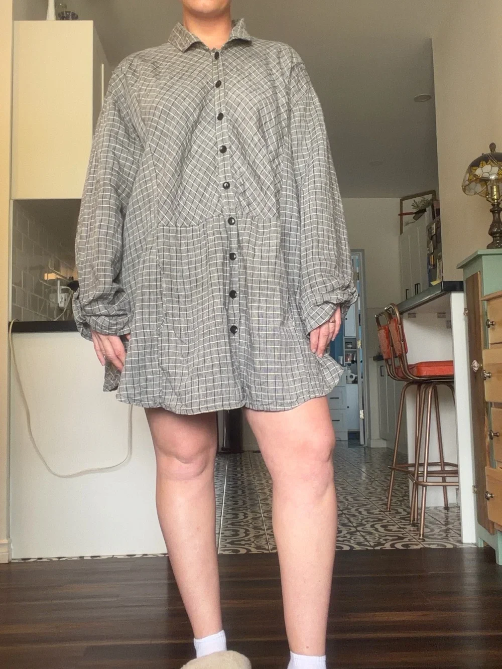 Flax Windowpane Linen Shirt Dress in Gray, black and Cream plaid - Picture 14 of 17